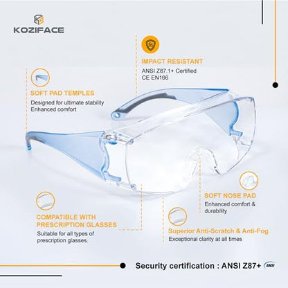 Koziface Safety Glasses for Men and Women White Blue Pink Over Eye Glasses Prescription Anti Fog Clear Lens Side Shields C31 - color: Blue