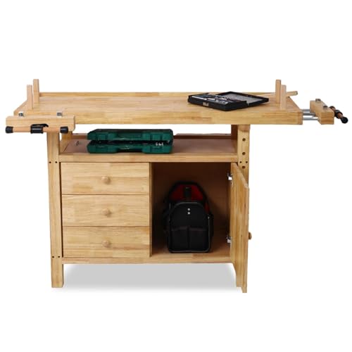 55" Rubber Wood Workbench, Heavy Duty Work Bench with Drawer& Shelf, Work Bench Table for Garage, Workshop, Home Storage, Woodworking Bench, 330 lbs Weight Capacity (55 ") - size: 55 "