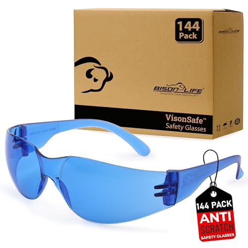 BISON LIFE Clear Safety Glasses – ANSI Z87.1 Scratch & Impact Resistant Wrap Around Eye Protection Goggles for Men & Women - color: Blue/Blue