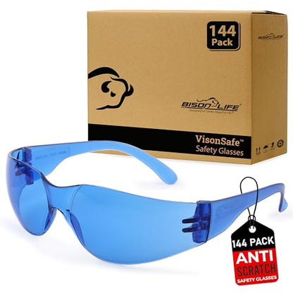 BISON LIFE Clear Safety Glasses – ANSI Z87.1 Scratch & Impact Resistant Wrap Around Eye Protection Goggles for Men & Women - color: Blue/Blue