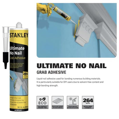 Stanley A603 Ultimate No Nail Grab Adhesive - Instant Grab Construction Adhesive for Window and Door, Drywall, Plaster Panel, Parquet Skirtings and DIY Decorations, 10.1 fl. oz. 2 Pack - size: 10.1 Fl Oz (Pack of 2)