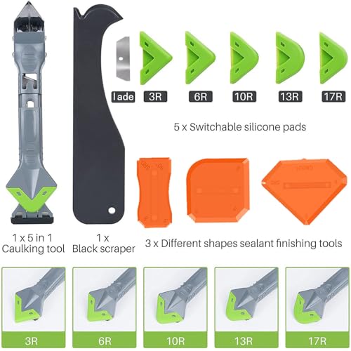 9 in 1caulk smoothingand Grouting Tool, silicone remover，Sealant Trimming and Removal Tool with Grout Squeegee for Bathrooms, Windows, Doors, Kitche - color: Green