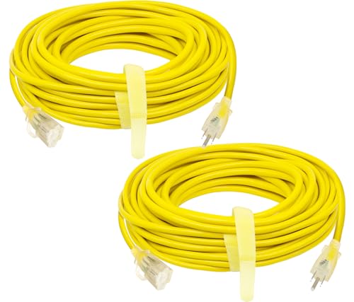 POWGRN 100 ft 2 Pack 12/3 Outdoor Extension Cord Waterproof Heavy Duty with Lighted Indicator End 12 Gauge 3 Prong, Flexible Cold-Resistant Long Power Cord Outside, 15Amp 1875W SJTW Yellow ETL Listed - color: Yellow, size: 100FT-2pcs