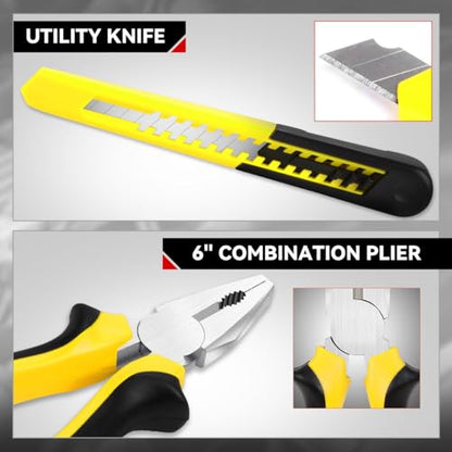 Auto Dynasty 18 Pcs Household Auto Repair Hand Tool Kit Set with Allen Keys Screwdrivers Tool Set Tap Measure Adjustable Wrench Utility Knife for Home Garage Warehouse Repair, Yellow - color: Yellow, size: 18 Pcs