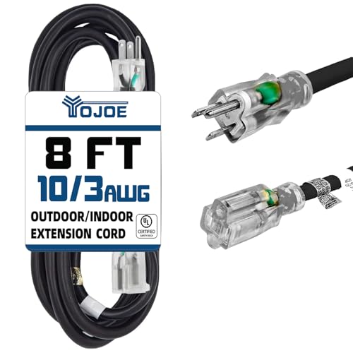 YOJOE Indoor Outdoor Extension Cord with Lighted End, 3 Prong 15A Weatherproof Power Cord, 10 Gauge Heavy Duty 8 ft Black Extension Cord for Garage, Garden and Home, 10/3 SJTW UL Listed - color: Black, size: 8 Foot