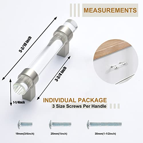 10 Pack Glass Drawer Pulls, Cabinet Handles, Crystal Dresser Pulls(3-3/4 Inch Hole Center), Brushed Nickel - color: Brushed Nickel, size: Hole Center : 3-3/4 Inch (96mm), style: 10 Pack