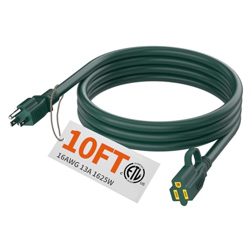 HUANCHAIN Indoor Outdoor Green Extension Cord 10 ft Waterproof, 16/3 Gauge Flexible Cold-Resistant Appliance Extension Cord Outside, 13A 1625W 16AWG SJTW, 3 Prong Electric Cable, ETL - color: Green, size: 10 FT, style: 16/3 Extension Cord