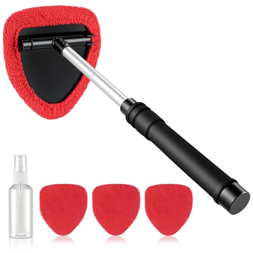 JUSTTOP Windshield Cleaner Tool, Car Interior&Exterior Window Cleaning Tool with Extendable Handle & 4 Reusable Microfiber Pads, Auto Glass Wiper Brush Kit for Cars (Red) - color: Red
