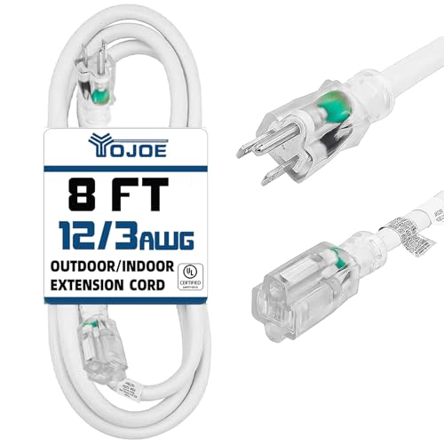 YOJOE Indoor Outdoor Extension Cord with Lighted End, 3 Prong 15A Weatherproof Power Cord, 12 Gauge Heavy Duty 8 ft White Extension Cord for Garage, Garden and Home, 12/3 SJTW UL Listed - color: White, size: 8 Foot, style: 12/3 Lighted-End
