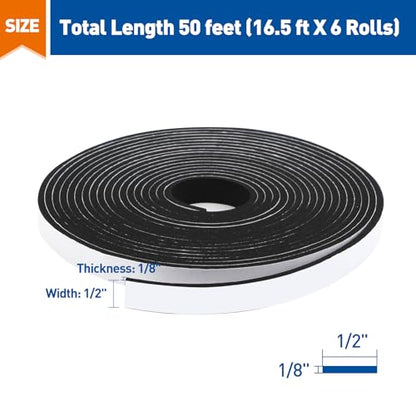 MAGZO Weather Stripping Door Seal, 1/2 in W X 1/8 in T X 99 Ft Total Adhesive Foam Insulation Tape for Windows 16.5 ft X 6 Rolls, Black - size: 1/2in * 1/8in * 99FT