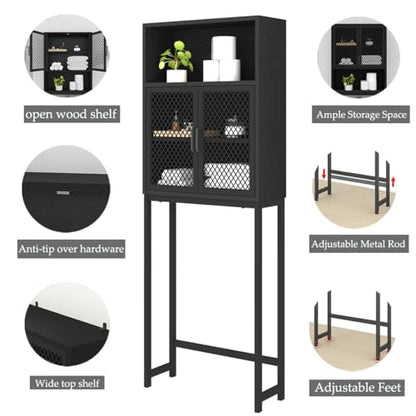 Launica Bathroom Organizer Over Toilet, Wood Metal Over The Toilet Storage, Industrial Bathrooms Space Saver Shelf Over Toilet, Freestanding Bathrooms Cabinet Above Toilet with Rack, Black Oak - color: Black Oak