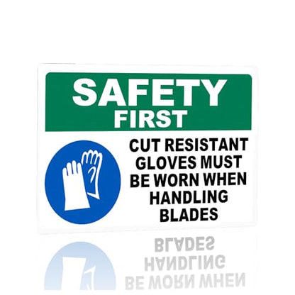 Safety First Warning Sign Aluminum Cut Resistant Gloves Required Handling Blades 12 * 8 Inch Rust Free Waterproof 4 Pre Drilled Holes for Workshop Garage Warehouse Factory Store