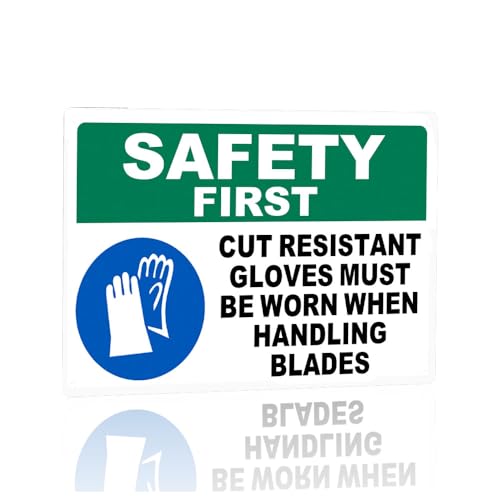 Safety First Warning Sign Aluminum Cut Resistant Gloves Required Handling Blades 12 * 8 Inch Rust Free Waterproof 4 Pre Drilled Holes for Workshop Garage Warehouse Factory Store