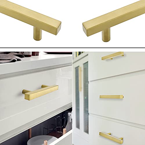 Goldenwarm 25 Pack Brushed Brass Cabinet Pulls Square Bar Cabinet Handles Pulls - LS1212GD160 Modern Euro Style Stainless Steel Kitchen Dresser Drawer Handles,6-1/4 Inch Hole Centers - color: Gold, size: 6-1/4 Inch Hole Center