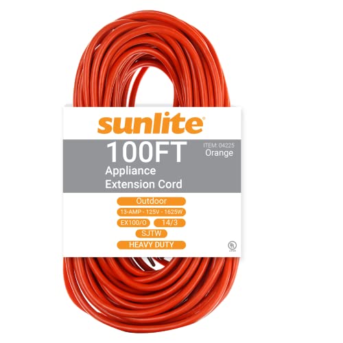 Sunlite 04225-SU 100-Foot Outdoor Extension Cord Three Prong Grounded Plugs, Medium Duty, Long Power Wire, for Appliances, Electronics, UL Listed,14 Gauge, UL Listed, Meets OSHA Standards, Orange - size: 100'(14/3)