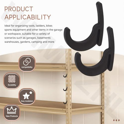 Universal Hooks for Garage Shelving and Industrial Storage Racks Compatible with Keyhole Slots, Including J&L Heavy-Duty Hooks for Garage Shelving - UV-Resistant, Holds up to 40 lbs.