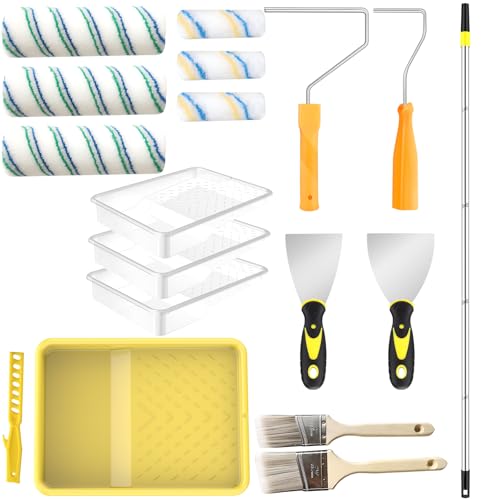 Leshein Paint Roller Kit with Extension Pole, Paint Brushes Set for Walls, Painting Supplies for Home Interior with Paint Brush, Paint Rollers, Paint Tray, Paint Tray Liner, Scraper etc.