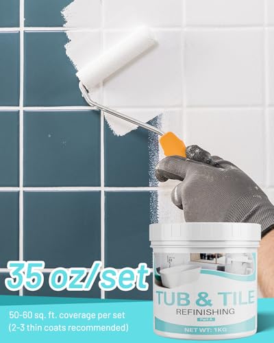 Tile Paint, 35oz Tub and Tile Paint Refinishing Kit with Tools and Hardener, Easy to Use for Countertop Bathroom Bathtub Kitchen Sink, Semi-Gloss White, Low Odor，50-55sq.ft - size: 35 Fl Oz (Pack of 1)