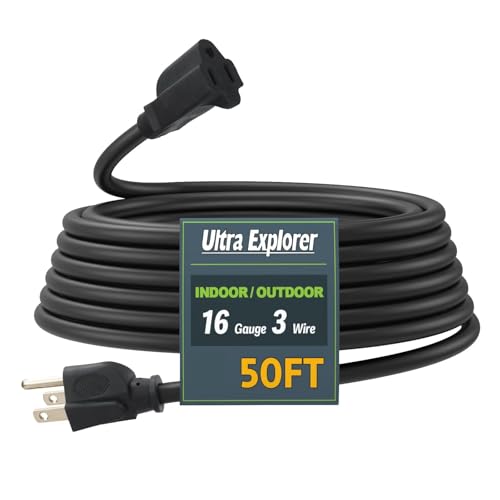 50 Ft Indoor Outdoor Black Extension Cord, 16/3 SJTW Heavy Duty Water-Resistant, 3 Prong Grounded Plug Power Cord for Home Appliance, Lights and Lawn, 13A 1625W, UL Listed - color: Black, size: 50', style: No Lighted