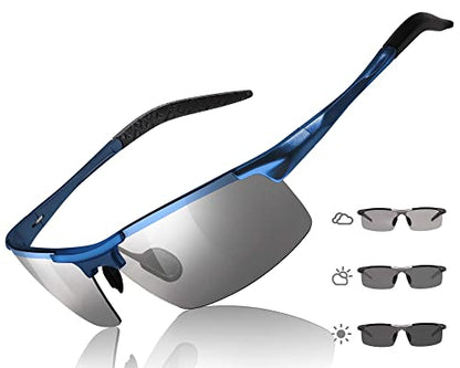 TJUTR Mens Photochromic Sunglasses Day & Night Driving Z87 Sun Glasses Polarized UV400 Protection Safety Glasses - color: A Navy Blue Frame/Grey Photochromic Polarized Lens