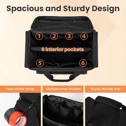 VJI Heavy Duty Tool Bag with Multi-Pockets, Portable Storage Bag with Large Zipper, Carrying Toolbag with Adjustable Shoulder Strap and Ergonomic Handle, Repairman, Carpenters, Handyman, Black - color: Black