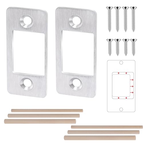 2 Pk Upgrade Large Hole Deadbolt Restorer Strike Plates, Stainless Steel Round Corner Latch Strike Plate with Wood Dowel Strips,Universal Backplate for Home Door Easy Repair Misalignment（Silver） - color: Silver-2