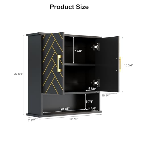 Black Chevron Pattern Bathroom Wall Cabinet, Modern Hanging Medicine Cabinet with Gold Hardware, Space-Saving Over Toilet Storage Organizer (23 5/8" x 22 7/8" x 7 1/8") - style: Chevron Pattern-Black