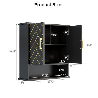 Black Chevron Pattern Bathroom Wall Cabinet, Modern Hanging Medicine Cabinet with Gold Hardware, Space-Saving Over Toilet Storage Organizer (23 5/8" x 22 7/8" x 7 1/8") - style: Chevron Pattern-Black