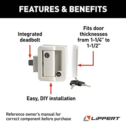Lippert Global Entry Door Latch Kit with Deadbolt, Keyed Lock, Two FIC Keys, Edge Cover Plate, Strike Plate, Mounting Screws for Travel Trailers - 239632, White