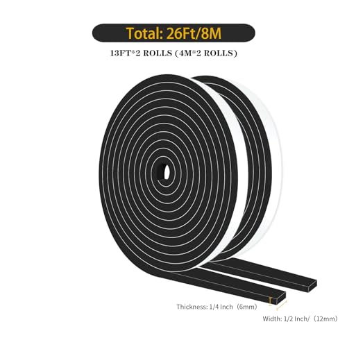 Weather Stripping,1/2" Wide x 1/4" Thick x 26Ft,Weather Stripping Door Seal,High Density CR Foam Tape for Door, Front Door Frame, Windows,Sliding Door (Black, 1/2 in x 1/4 in x 26Ft) - size: 1/2 In x 1/4 In x 26Ft