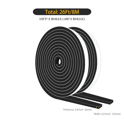 Weather Stripping,1/2" Wide x 1/4" Thick x 26Ft,Weather Stripping Door Seal,High Density CR Foam Tape for Door, Front Door Frame, Windows,Sliding Door (Black, 1/2 in x 1/4 in x 26Ft) - size: 1/2 In x 1/4 In x 26Ft