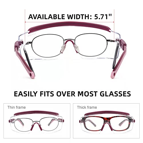 UKNOW Safety Goggles Over Glasses, Anti Fog Safety Glasses with Clear Wraparound Lens, ANSI Z87.1 Protective Eyewear - color: Burgundy