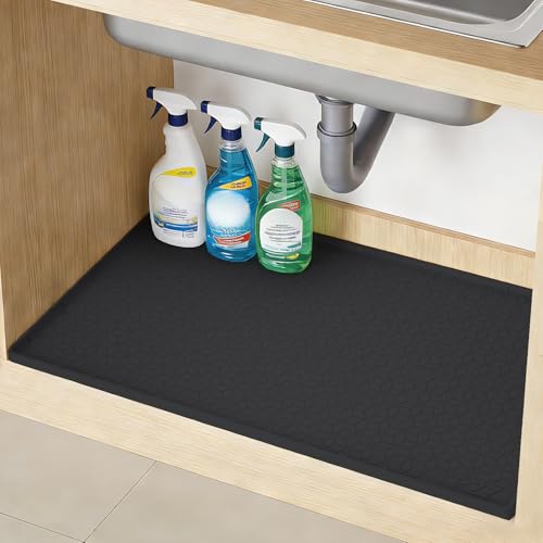 TRZZ Silicone Waterproof Under Sink Mat 34" x 19", Drip Tray and Cabinet Liner for Kitchen and Bathroom, Prevents Water Damage and Organizes Cabinets (Black) - color: Black, size: 19"W x 34"L