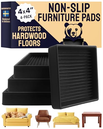 CasterMaster Square Rubber Caster Cups 4 Inch - Non Slip Furniture Pads for Hardwood Floors - Heavy Duty Bed Stoppers, Sofa Leg Protectors & Chair Feet Covers, Black 4 Pack - color: Black, size: 4'' x 4'' (Pack of 4)