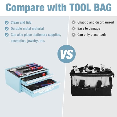 WORKPRO 12.5" Mini Tool Box with 2 Drawers & 1 Open Top Storage, Small Metal Tool Chest with PVC Liners & PP Feet Pads, Cold Rolled Steel Toolbox with Drawer Liners & Magnetic Tabs - color: Macaron Blue