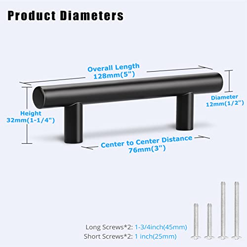 KNOBWELL 6 Pack 3" Kitchen Cabinet Handles Black, Modern Matte Black Dresser Drawer Pulls for Cupboard Vanity Closet, 5" Overall Length - color: Black, size: 3 inch(76mm)
