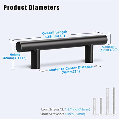 KNOBWELL 6 Pack 3" Kitchen Cabinet Handles Black, Modern Matte Black Dresser Drawer Pulls for Cupboard Vanity Closet, 5" Overall Length - color: Black, size: 3 inch(76mm)