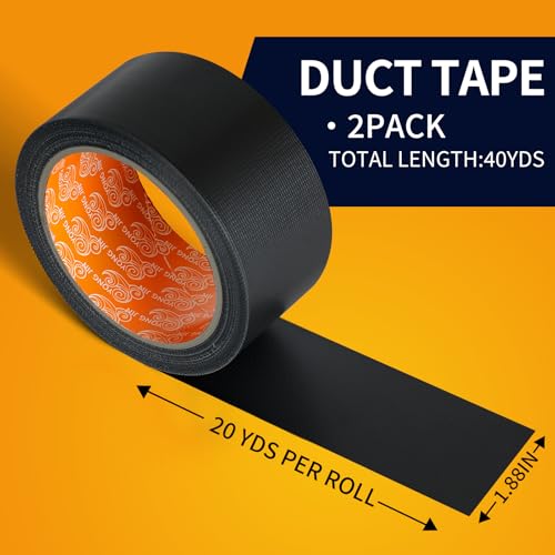 YONGJIN Black Duct Tape Waterproof - 2 Pack Tear by Hand, No Residue, Multi-Purpose Duct Tape Bulk for Indoor Outdoor Repairs, DIY, Packaging, and Crafts, 2 Inch x 40 Yards Total - color: Black