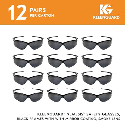 KleenGuard™ V30 Nemesis™ Safety Glasses (25688), with Mirror Coating, Smoke Lenses, Black Frame, Unisex Sunglasses for Men and Women (Qty 12)