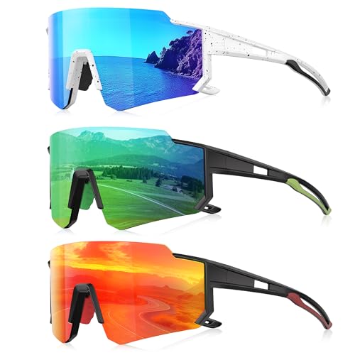 3 Pack Polarized Sunglasses for Men Women, Sports Mens Sunglasses with UV Protection for Baseball Cycling Running - color: C03-ice Blue/Green/Red