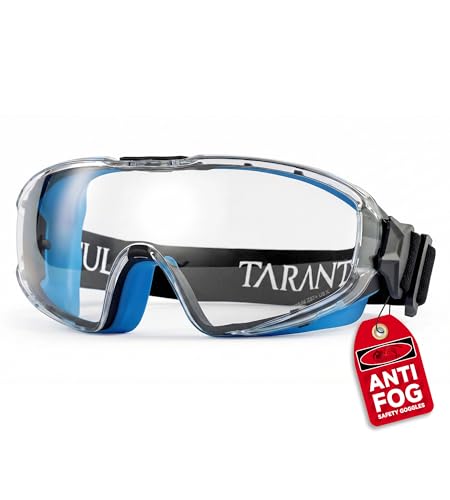 Tarantula ANSI Z87.1+ Safety Goggles Over Glasses, Anti-Fog & Anti-Scratch, Adjustable Strap, Lab Eye Protection, Woodworking - color: Clear & Blue