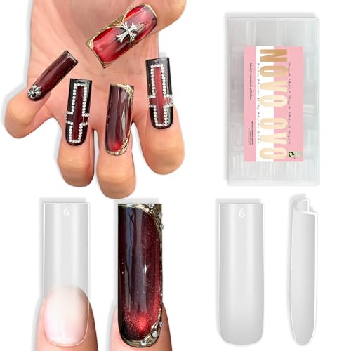 NOVO OVO Sharp Square Long Nail Tips Press on, Natural (Not Sculpted) No C Curve Soft Gel Double Matte Clear Fake Nail Extension,Full Cover False Nails for Salon DIY Manicure x 15 Sizes 360 pcs - color: Long Sharp Square Clear Nail Tips 360