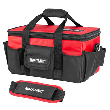 HAUTMEC 16-Inch Tool Bag, Heavy-Duty 1680D Tool Box with Padded Shoulder Strap, Double zipper, Trolley Sleeve, Wide Mouth Tool Case with Removable Divider for Quick Action - HT0401