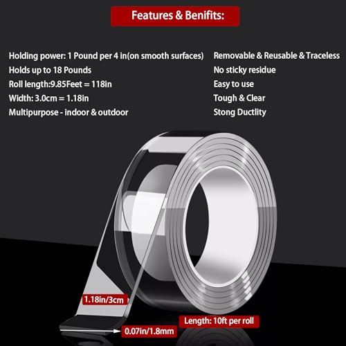 Strong Double Sided Heavy Duty, Nano Double Sided Tape, Waterproof Clear Adhesive Tape, Double Sided Mounting Tape, Removable Wall Tape for Hanging Picture, Poster, Carpet (9.85FT)