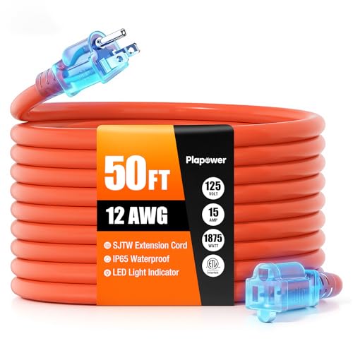 Outdoor Extension Cord 50 FT Waterproof, 12/3 Gauge Heavy Duty 3 Prong Power Cord with Lighted Indicator End,15A 125V 1875W SJTW, ETL Listed, Great for Lawn/Garden/Home(Orange) - color: Orange, size: 50 FT