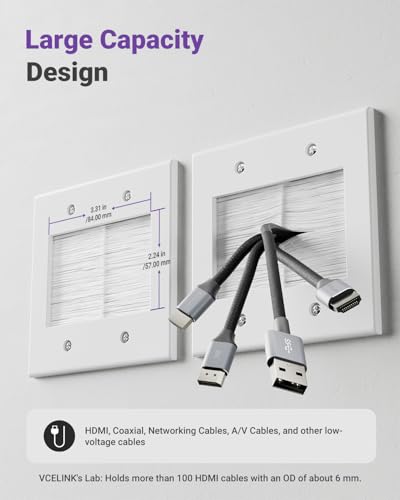 VCELINK 2 Gang Brush Wall Plate, Cable Pass Through Wire Hider for Cable Management, Ethernet Cables, HDMI Cables and Home Theater Systems, 2 Pack - color: White