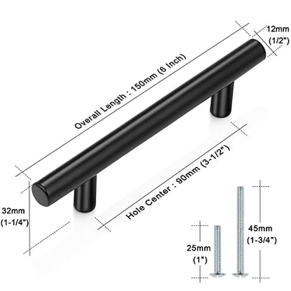 Probrico 5 Pack|3-1/2 Inch Black Cabinet Pulls Stainless Steel Kitchen Cabinet Handles, Round T Bar Cupboard Furniture Hardware,Drawer Dresser Closet Pulls Wardrobe Handles,Total Lenght:6 Inch - color: Black, size: Hole Center 3-1/2"