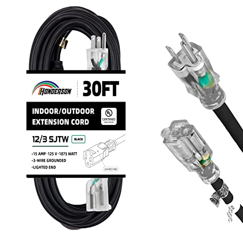 Indoor Outdoor Extension Cord Weatherproof with Lighted End, UL Listed, 12 Gauge 30FT Black 3 Prong Heavy Duty, 12/3 SJTW 15A Power Cord for Outdoor Lights, Lawn - size: 30ft, style: 12/3