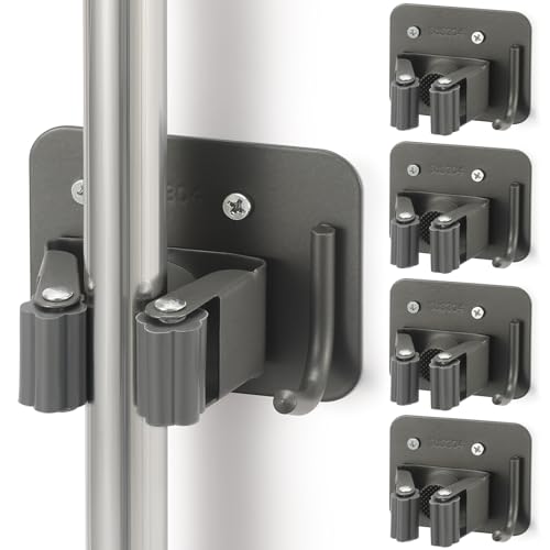 Broom Holder Wall Mount Screw Drilling, Sturdy Heavy Duty Stainless Steel Mop Gripper Rack Perforated, Perfect for Laundry Room Organizer, Fit with Laundry Kitchen Garage Garden Storage System - color: Gery