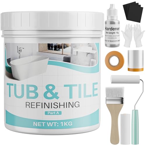 Tile Paint, 35oz Tub and Tile Paint Refinishing Kit with Tools and Hardener, Easy to Use for Countertop Bathroom Bathtub Kitchen Sink, Semi-Gloss White, Low Odor，50-55sq.ft - size: 35 Fl Oz (Pack of 1)